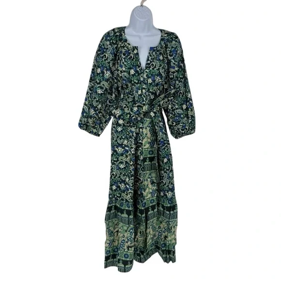 Tuckernuck NEW Batik Floral Lyles Green Blue Puff Sleeve Belted Midi Dress M - Picture 6 of 9